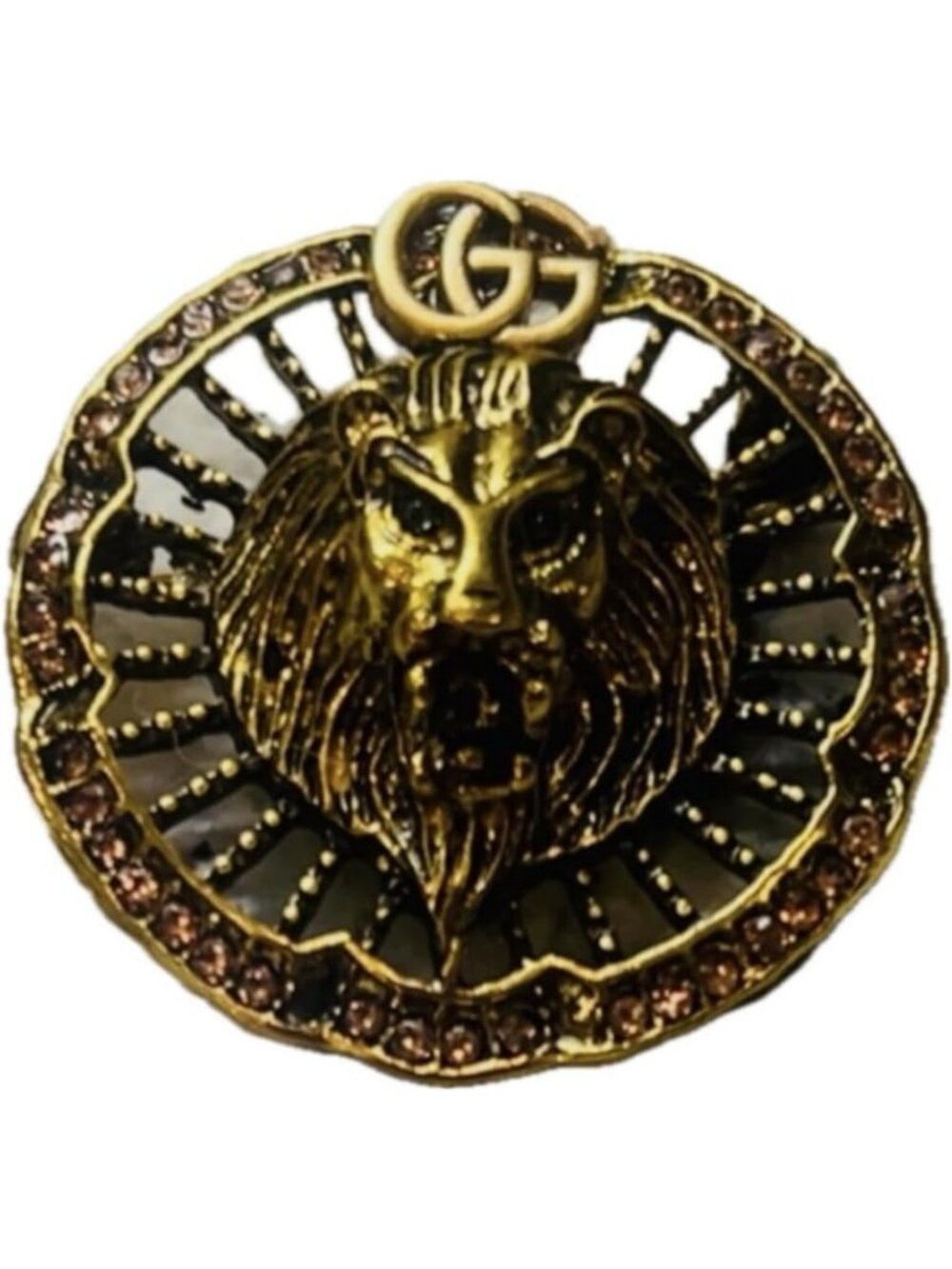 Elegant Gold Tone Lion Head Brooch Pin with Crystals, Circular Design, Statement